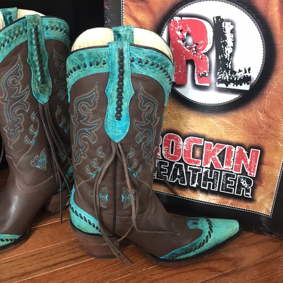 New Leather fringe brown and teal cowgirl boots ! Amazing quality 🤩 - Picture 2 of 5